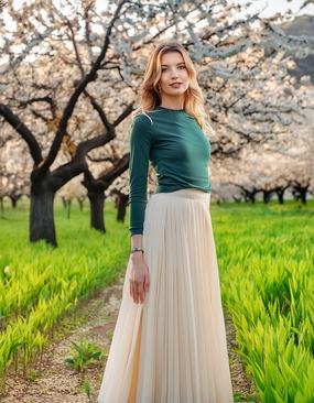 春天樱花林半裙美女写真摄影图片